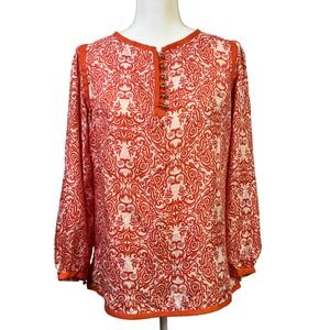 Elizabeth McKay Orange Lion Print Silk Long Sleeve Boho Blouse Gold Charm Size 4